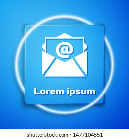 White Mail and e-mail icon isolated on blue background. Envelope symbol e-mail. Email message sign. Blue square button. Vector Illustration