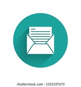White Mail and e-mail icon isolated with long shadow. Envelope symbol e-mail. Email message sign. Green circle button. Vector Illustration