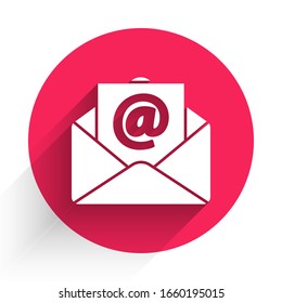 White Mail and e-mail icon isolated with long shadow. Envelope symbol e-mail. Email message sign. Red circle button. Vector Illustration