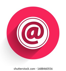 White Mail and e-mail icon isolated with long shadow. Envelope symbol e-mail. Email message sign. Red circle button. Vector Illustration