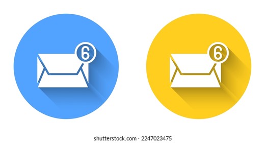 White Mail and e-mail icon isolated with long shadow background. Envelope symbol e-mail. Email message sign. Circle button. Vector