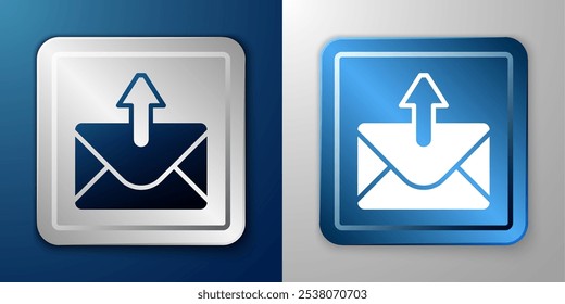 White Mail e ícone de e-mail isolados no fundo azul e cinza. E-mail com símbolo de envelope. Sinal de mensagem de email. Botão quadrado prata e azul. Vetor