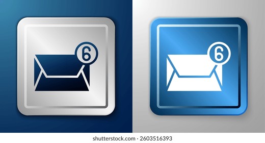 White Mail and e-mail icon isolated on blue and grey background. Envelope symbol e-mail. Email message sign. Silver and blue square button. Vector