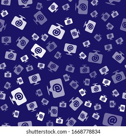 White Mail and e-mail on speech bubble icon isolated seamless pattern on blue background. Envelope symbol e-mail. Email message sign.  Vector Illustration