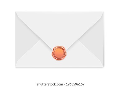 White mail envelope with a bronze stamp on a light background.Vector illustration of the wax luxury seal.Design element.