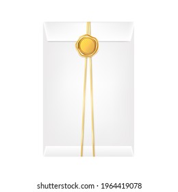 White mail envelope with a gold stamp on a light background.Vector illustration of the wax luxury seal.Design element.