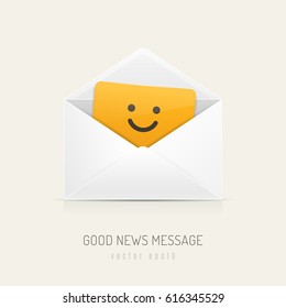 White mail envelope with orange card inside having happy smiley face. Vector illustration