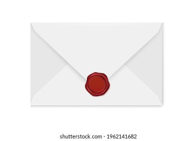 White mail envelope with a red stamp on a light background.Vector illustration of the wax luxury seal.Design element.