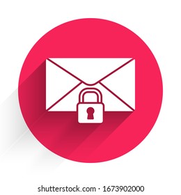White Mail message lock password icon isolated with long shadow. Envelope with padlock. Private, security, secure, protection, privacy. Red circle button. Vector Illustration