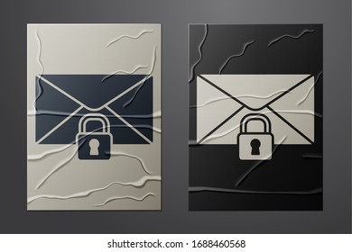 White Mail message lock password icon isolated on crumpled paper background. Envelope with padlock. Private, security, secure, protection, privacy. Paper art style. Vector Illustration