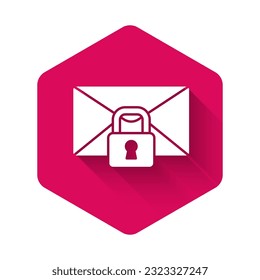White Mail message lock password icon isolated with long shadow. Envelope with padlock. Private, security, secure, protection, privacy. Pink hexagon button. Vector