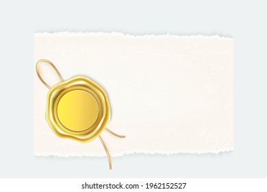 White mail paper with a gold stamp on a light background.Vector illustration of the wax luxury seal.Design element.