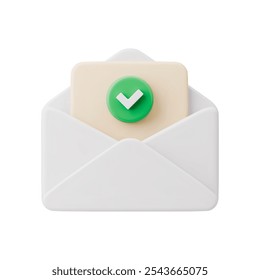 White mail with paper sheet and check mark. 3D mail envelope icon with new message notification on white background. Check marks and documents, concept of approval, communication in realistic style