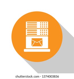 White Mail server icon isolated on white background. Orange circle button. Flat design. Vector Illustration