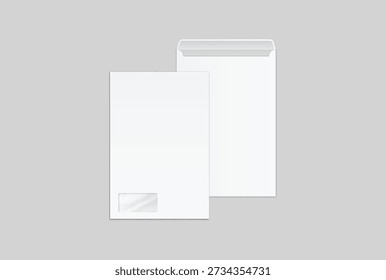 Maqueta de sobre de correo blanco con solapas abiertas y cerradas con ventana transparente, Plantilla de empaque de papelería mínima para correspondencia comercial, marca, diseño de impresión y presentación postal.
