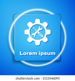 White Maintenance symbol - wrench and screwdriver in gear icon isolated on blue background. Service tool symbol. Blue square button. Vector Illustration