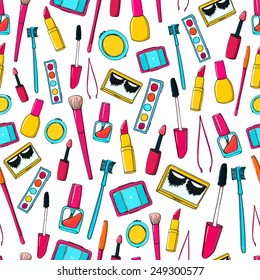 White makeup background with tools, brushes, mascara, cosmetics, lipstick and pencils. Seamless vector texture.