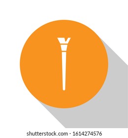 White Makeup brush icon isolated on white background. Orange circle button. Vector Illustration