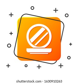 White Makeup powder with mirror icon isolated on white background. Orange square button. Vector Illustration