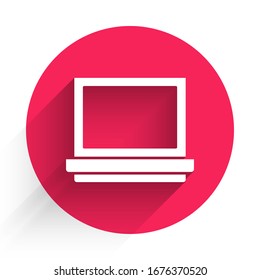 White Makeup powder with mirror icon isolated with long shadow. Red circle button. Vector Illustration