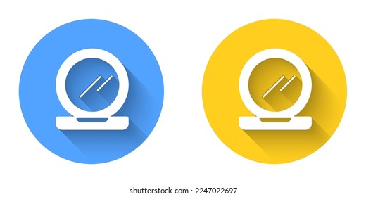 White Makeup powder with mirror icon isolated with long shadow background. Circle button. Vector