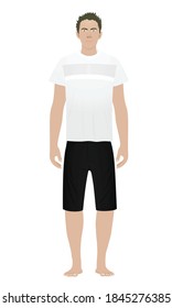 White male boy in white t shirt and black shorts  standing. vector