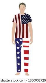 White male boy in USA flag t shirt and pants  standing. vector