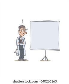 white male doctor showing something. The character is angry, sad, and grumpy. Vector illustration to isolated and funny cartoon character.