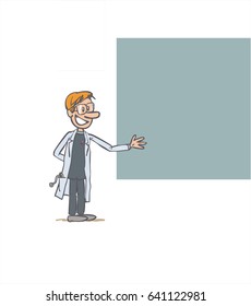 white male doctor showing something. The character keeps a positive attitude. Vector illustration to isolated and funny cartoon character.