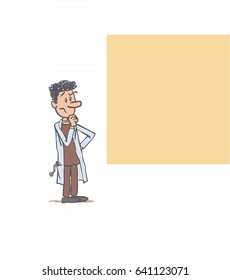 white male doctor showing something. The character is doubting. Vector illustration to isolated and funny cartoon character.