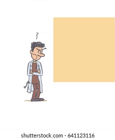 white male doctor showing something. The character is angry, sad, and grumpy. Vector illustration to isolated and funny cartoon character.