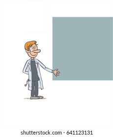 white male doctor showing something. The character keeps a positive attitude. Vector illustration to isolated and funny cartoon character.