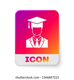 White Male graduate student profile with gown and graduation cap icon isolated on white background. Rectangle color button. Vector Illustration