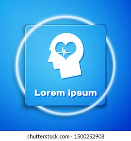 White Male head with a heartbeat icon isolated on blue background. Head with mental health, healthcare and medical sign. Blue square button. Vector Illustration