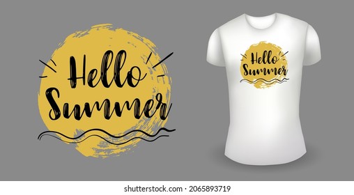 White male realistic t shirt with label. Hello summer badge. Vector