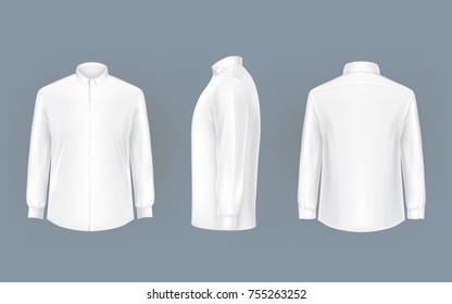 White male shirt with long sleeves and buttons in front, back and side view, isolated on a gray background. 3D realistic vector illustration, pattern formal or casual shirt