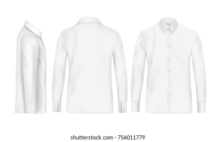 White male shirt with long sleeves and buttons in front, back and side view, isolated on a gray background. 3D realistic vector illustration, pattern formal or casual shirt