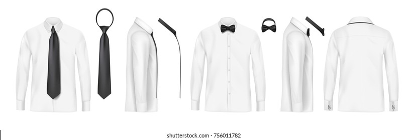 White male shirt with long sleeves, buttons and black tie and bow tie in front, back and side view, isolated on a gray background. 3D realistic vector illustration, pattern formal or casual shirt