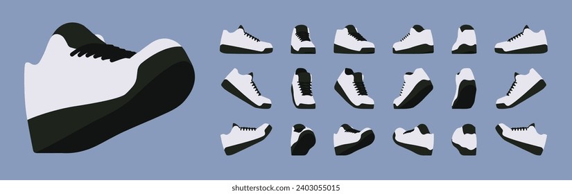 White male sneaker black platform shoe, sport set for running, walking performance. Athletic gym footwear, accessory. Health, wellness, physical education fitness cartoon illustration, different views