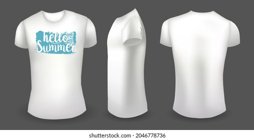 White male t shirt with label. Front, back and side view. Hello summer badge. Vector illustration