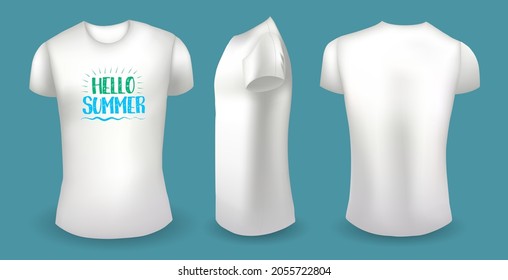 White male t shirt with label. Front, back and side view. Hello summer badge. Vector