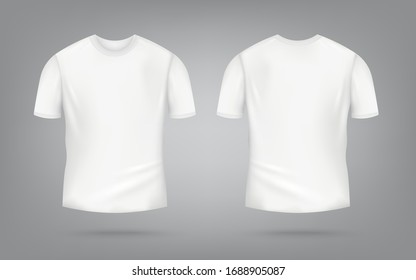 White male t-shirt realistic mockup set from front and back view on grey background, blank textile print design template for fashion apparel - vector illustration