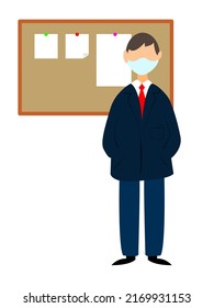 White male wearing a blue suit wears a mask and is a teacher or is teaching some type of class