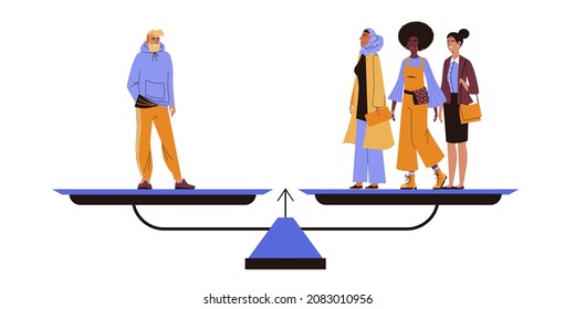 White Male Weight More On The Scale In Comparison To Muslim In Hijab, Black With Afro Hair And White Office Employee Females. Gender Discrimination Sexism Flat Vector Concept. Inequality Based On Sex.