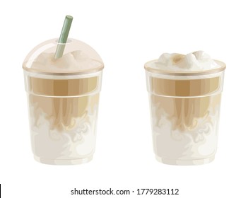 White malt Coffee, Ice coffee with cream, white foam in clear plastic glass Vector isolated on white background