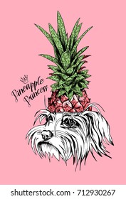 White Maltese puppy in a Pineapple crown on a pink background. Vector illustration.