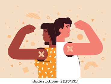 White man and an African American woman, back to back, proudly raise their hands to demonstrate the vaccination. Vaccination call concept, motivational coronavirus protection poster