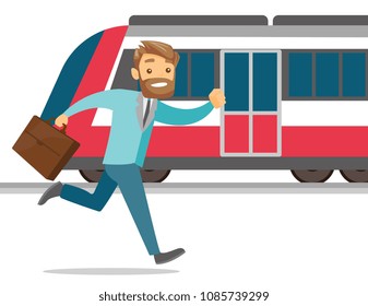 A white man with a briefcase trying to catch a missing train at the train station or subway platform. City transport concept. Vector cartoon illustration isolated on white background.