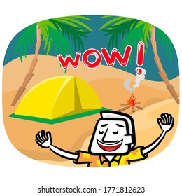 White man cartoon very happy add camping on the beach vector nature wallpaper background