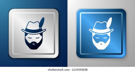 White Man dressed for German Oktoberfest icon isolated on blue and grey background. Silver and blue square button. Vector